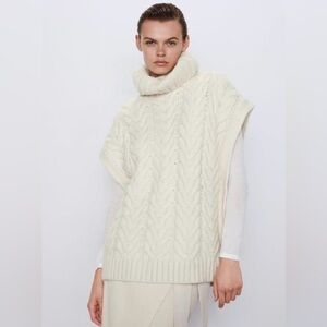 ZARA Oversized Cable Knit Turtleneck Sweater Vest – Cream | Size Medium